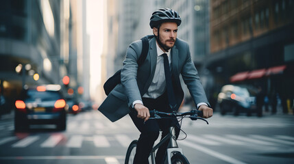 Fototapeta na wymiar businessman in suit and helmet riding bicycle in city cycling to work
