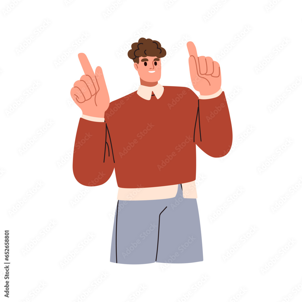 Poster happy smiling man pointing up with fingers. business person employee, office worker showing somethin