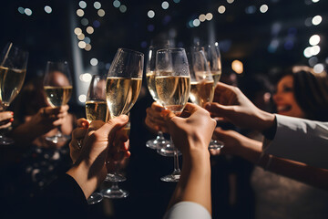Close up of people holding glasses of champagne making a toast, festive New Year's toast with wishes of happiness