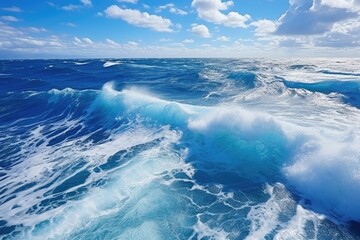 Waves of the ocean on a background of blue sky with clouds, Atlantic ocean with blue water on a sunny day. Waves, foam and wake caused by cruise ship in the sea, AI Generated © Iftikhar alam