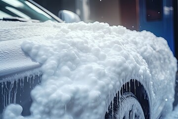 Car wash concept. Close up of car washing machine with foam. auto car wash with white soap, and foam on the body, AI Generated