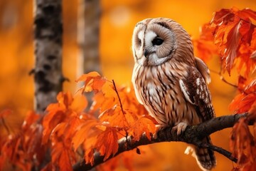 Tawny Owl Strix aluco sitting on a branch in autumn forest, Autumn in nature with owl. Ural Owl, Strix uralensis, sitting on tree branch with orange leaves in oak forest, Norway, AI Generated