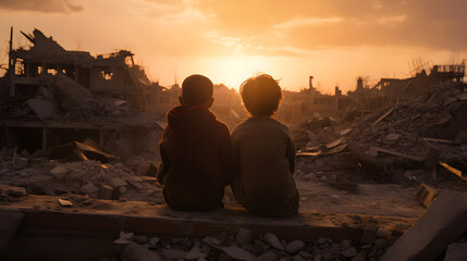 Back view of two children in dirty clothes sitting in the middle of destroyed city after the war - obrazy, fototapety, plakaty