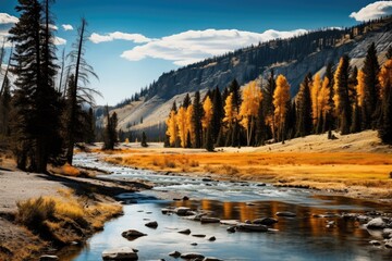 Colorful autumn landscape with mountain river and yellow larch trees. Autumn landscape in Yellowstone, Wyoming, USA, AI Generated - obrazy, fototapety, plakaty
