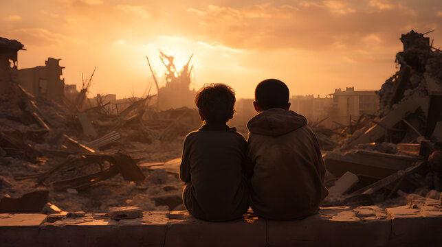 Back view of two children in dirty clothes sitting in the middle of destroyed city after the war
