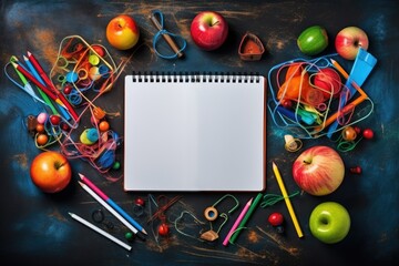 School supplies on dark background. Back to school concept. Top view, Back to school concept. Open notebook with school supplies, AI Generated