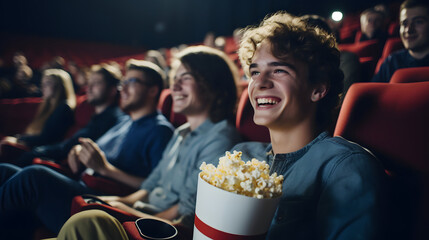 Cheerful young man watching movie at cinema and eating popcorn - obrazy, fototapety, plakaty