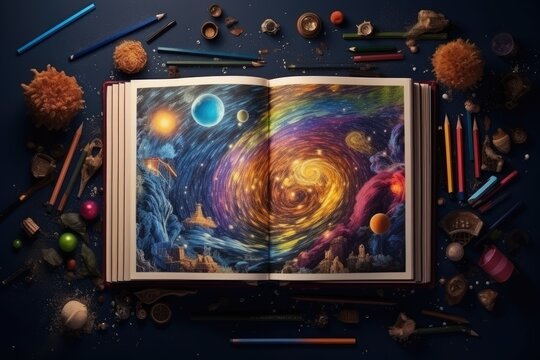 Open book with fantasy planet, pencils and stars on dark blue background, Back to school concept. Open notebook with school supplies, AI Generated