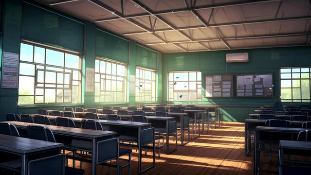 class atmosphere in the morning, seamless looping video background animation, cartoon anime style