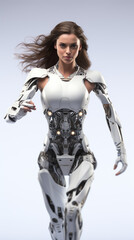 Human woman with robot body parts Running to carry out a mission to help light in movie style. white background unreal engine.