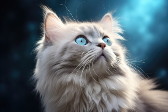 Portrait of a fluffy cat with blue eyes