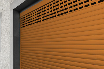 Roller shutter gate. Metal roller garage door as background. Automatic electric roll-up garage...