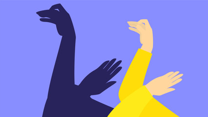 Illustration of hands making a swan's shadow on a blue background
