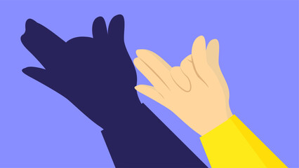 Illustration of hands making a dog's shadow on a blue background