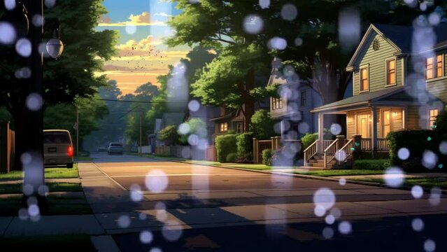 village at dusk, seamless looping video background animation, cartoon anime style