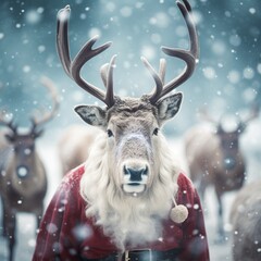 On a snowy winter night, a majestic reindeer wearing a bright red coat stands amidst a flurry of christmas cheer, its antlers a silhouette against the starry sky, ready to take part in the holiday fe