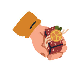 Hand holding tiny gift box, presenting Christmas surprise. Giving Xmas giftbox in holiday wrapping. Miniature petit package for New Year. Flat vector illustration isolated on white background