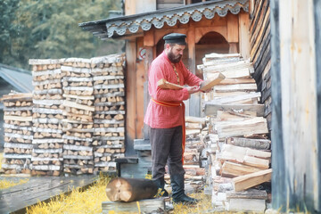 Traditional Slavic rituals in the rustic style. Outdoor in summer. Slavic village farm. Peasants in...