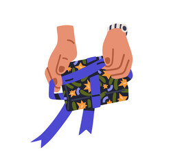 Hands packing holiday gift box, tying ribbon bow. Preparing festive package, decorating birthday present, giftbox with tape, paper wrapping. Flat vector illustration isolated on white background