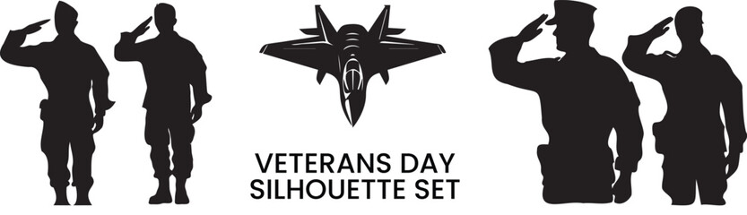 A set of soldiers with jet plane silhouette. Veterans Day concept - obrazy, fototapety, plakaty