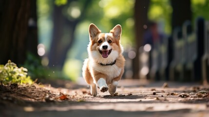 Fototapeta premium Happy corgi dog pembroke welsh corgi running outdoor in autumn park.