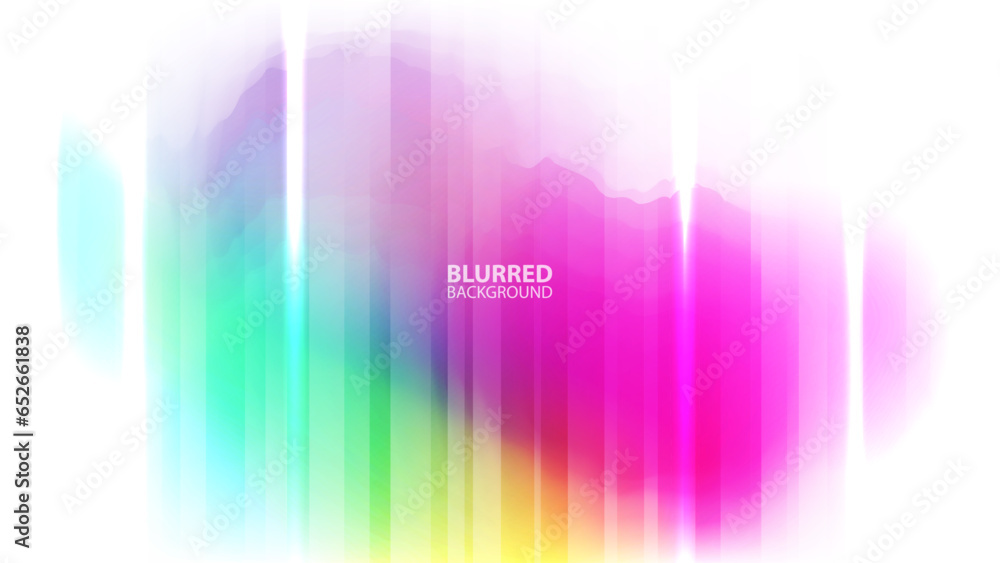 Poster Defocused bright colored stain. Abstract background with vertical dynamic lines. Futuristic blurred vibrant color gradient banner for creative graphic design. Vector illustration.