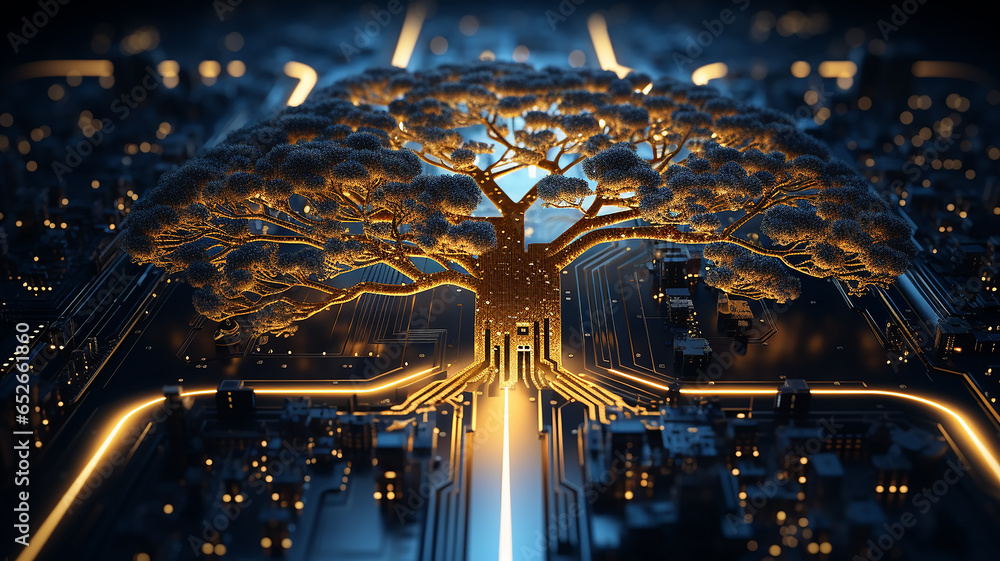 Poster background concept is artificial intelligence, a symbol of nature and growth, a tree of life and a b