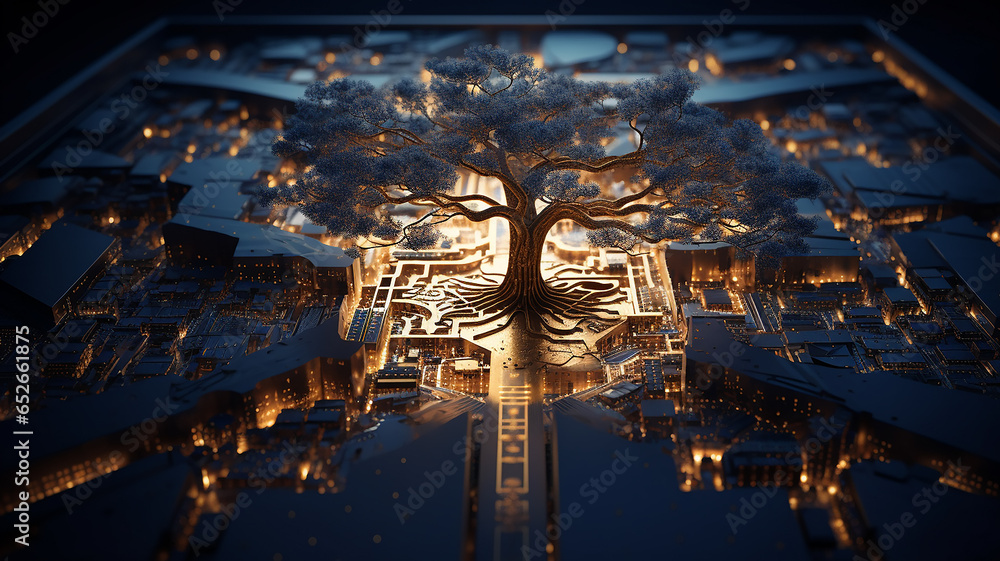 Poster background concept is artificial intelligence, a symbol of nature and growth, a tree of life and a b