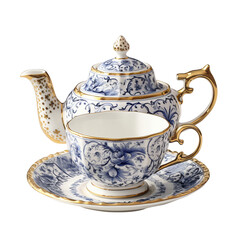colorful Porcelain teapot and teacup, vintage  teacup set isolated on transparent background, png file, antique, 