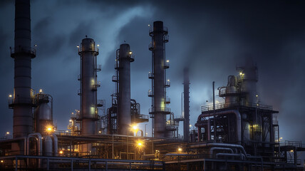 Fototapeta premium oil refinery pipe panorama, gloomy atmosphere, environmental pollution, ecology, carbon footprint