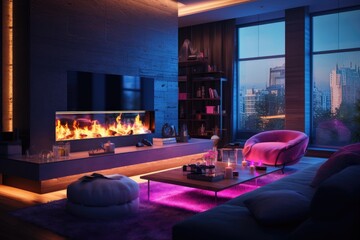 Fototapeta premium The interior of a modern living room with a fireplace and neon lighting