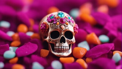 Enchanting Skull with Floral Crown Surrounded by Colorful Candy and Sweets