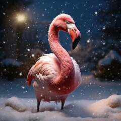 On the brink of the holidays, a vibrant flamingo stands in the snow, a reminder of the beauty of nature that remains even in the midst of winter