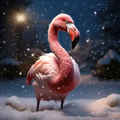 Gardinen On the brink of the holidays, a vibrant flamingo stands in the snow, a reminder of the beauty of nature that remains even in the midst of winter © mockupzord