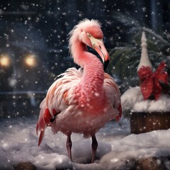 On a crisp winter's day, a stunning red flamingo stands out against the white snow, a surreal sight reminding us of the beauty of the holidays and the spirit of the season