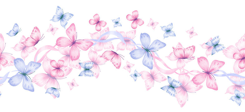 Seamless border with blue and pink butterflies, watercolor