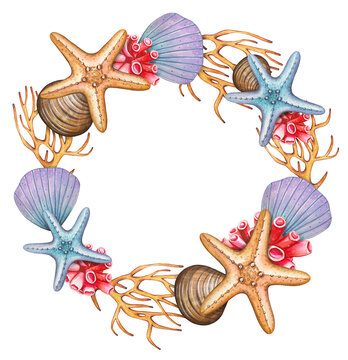 Marine wreath with shells, starfish, corals, watercolor