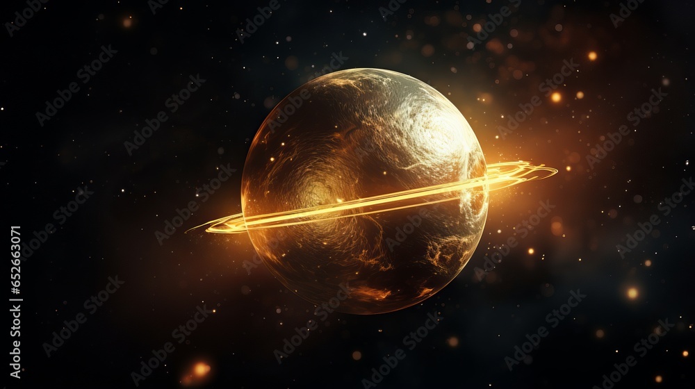 Sticker golden planet 3d render on dark background with bokeh, space concept