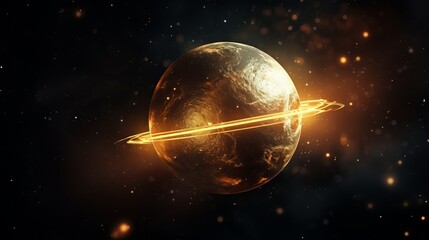 golden planet 3d render on dark background with bokeh, space concept