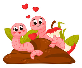 Cute cartoon worm characters fall in love