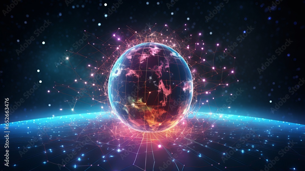 Aufkleber technological progress: globe with neon nexus lines, grid, and nodes - world wide web concept 