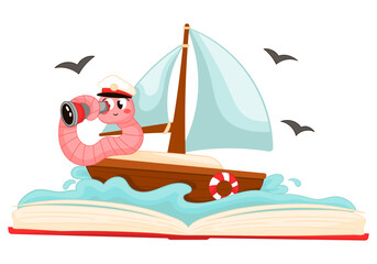 Cute cartoon book worm character exploring ocean