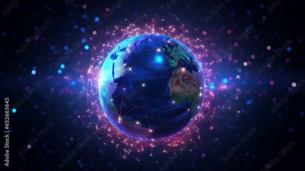 Poster technological progress: globe with neon nexus lines, grid, and nodes - world wide web concept 