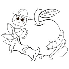 Coloring page with cute worm with apple for kids