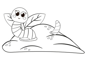 Coloring page with cute worm sitting in ground