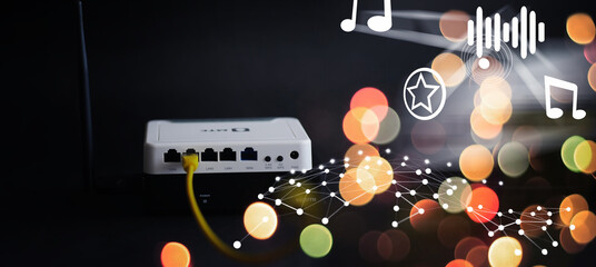 Home wireless router with ethernet cables plugged in, close up.Modern dual band wireless router....