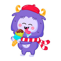 Cute Yeti or Bigfoot character eating ice cream in cartoon style
