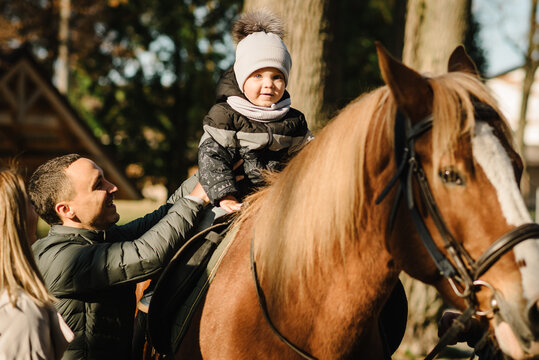 Kid riding a horse. Family having fun spring vacation on farm ranch. Little boy ride in saddle on horse. Happy father, mother, son caress horse outdoors. Dad, mom, child cuddling animal pet at sunset.