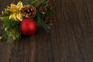 Christmas ornaments on wooden table with copy space. Christmas background.