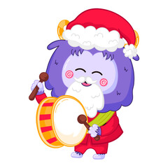 Cute Yeti or Bigfoot character in santa claus costume playing drum in cartoon style
